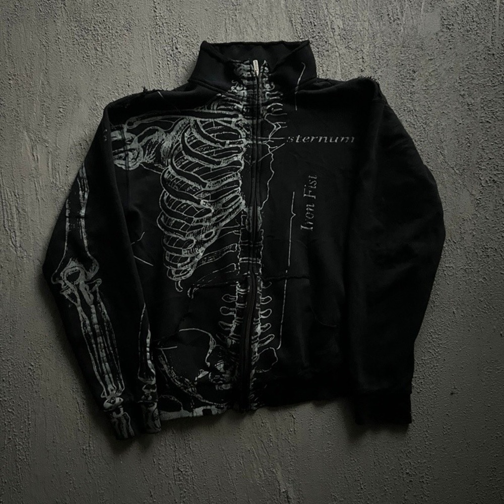 Vintage Iron Fist Zip Up Sweatshirt Medium Black 2000s Y2K Skeleton‎